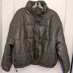 Me Jane Women's Olive Green XL Puffer Faux Leather Jacket